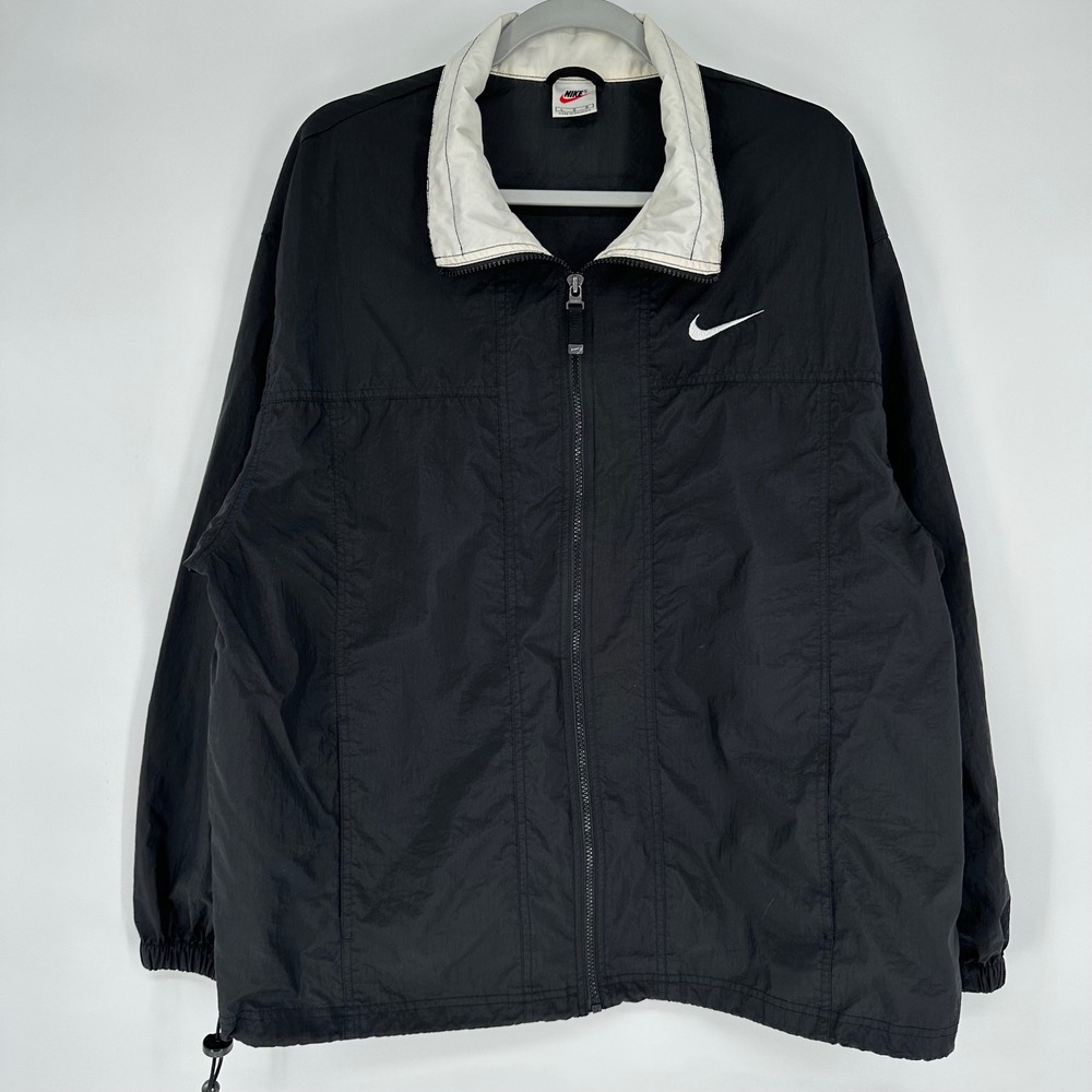 Vintage 90s Nike Windbreaker Jacket Black White Full Zip Swoosh Logo Mens Large